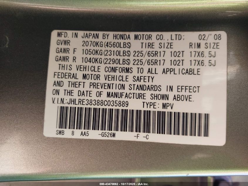 2008 Honda Cr-V Lx VIN: JHLRE38388C035889 Lot: 43470862