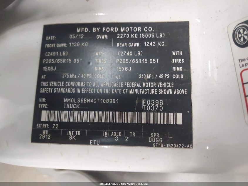 2012 Ford Transit Connect Xlt VIN: NM0LS6BN4CT108981 Lot: 43470870