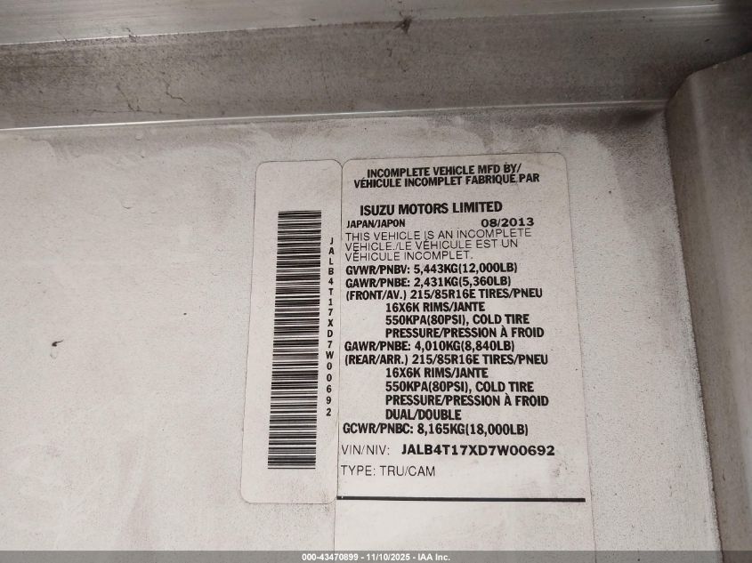2013 Isuzu Commercial Van VIN: JALB4T17XD7W00692 Lot: 43470899