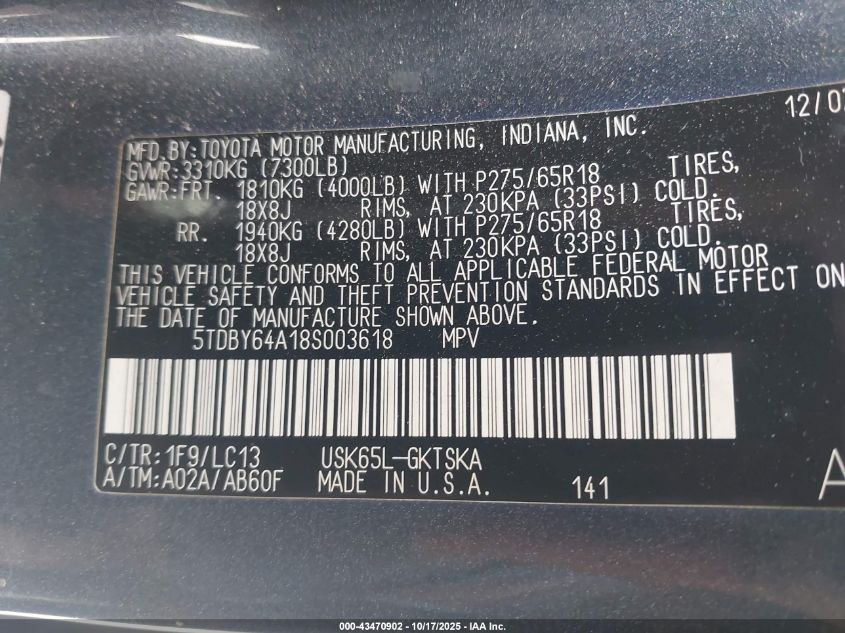 2008 Toyota Sequoia Sr5 5.7L V8 VIN: 5TDBY64A18S003618 Lot: 43470902