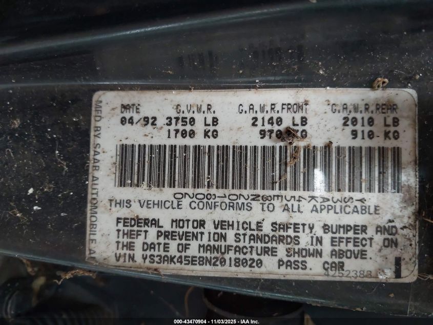 1992 Saab 900 S VIN: YS3AK45E8N2018020 Lot: 43470904