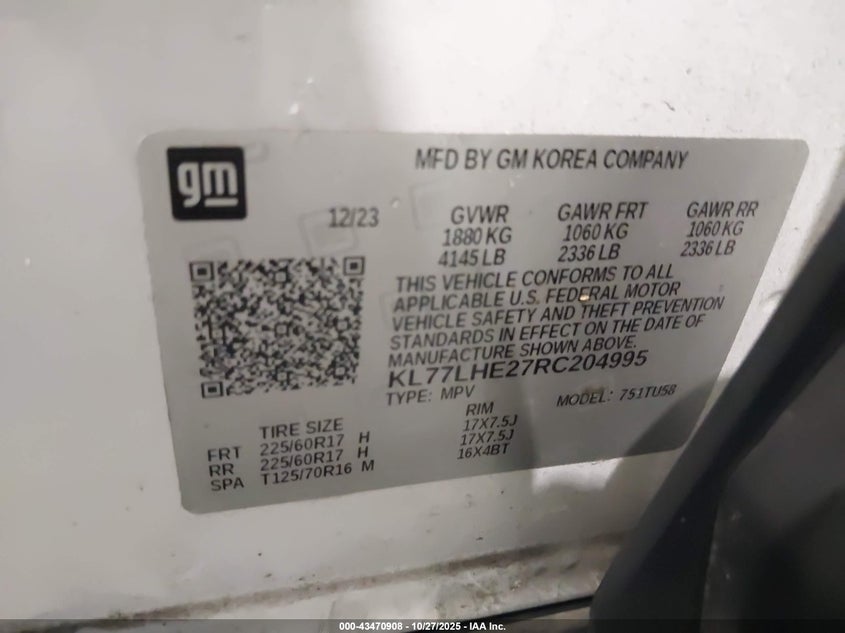 2024 Chevrolet Trax Fwd Lt VIN: KL77LHE27RC204995 Lot: 43470908