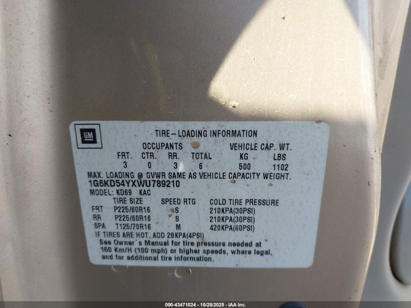 1998 Cadillac Deville Standard VIN: 1G6KD54YXWU789210 Lot: 43471024