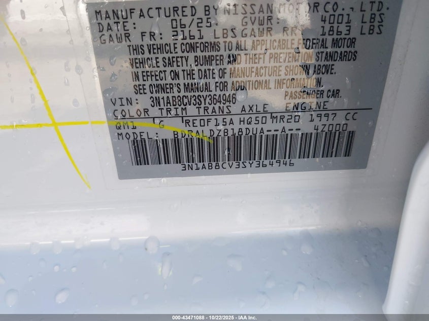 2025 NISSAN SENTRA SV 3N1AB8CV3SY364946