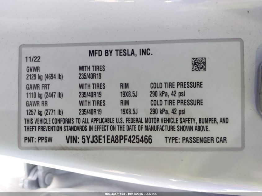 2023 Tesla Model 3 Rear-Wheel Drive VIN: 5YJ3E1EA8PF425466 Lot: 43471103