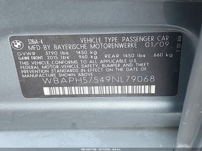 2009 BMW 328I VIN: WBAPH57549NL79068 Lot: 43471106