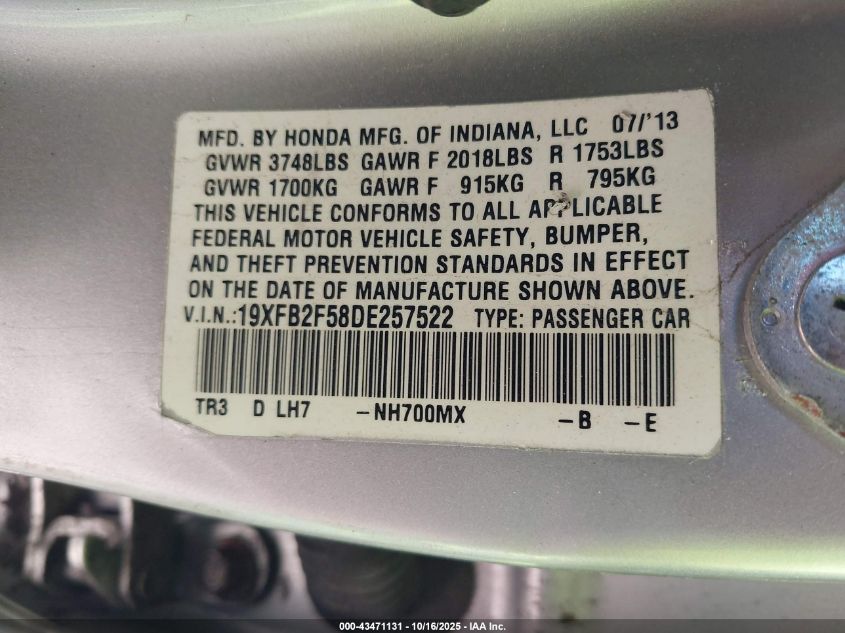 2013 Honda Civic Lx VIN: 19XFB2F58DE257522 Lot: 43471131