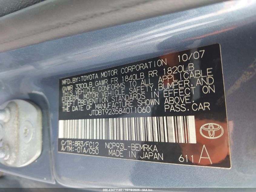 2008 Toyota Yaris VIN: JTDBT923584011060 Lot: 43471140