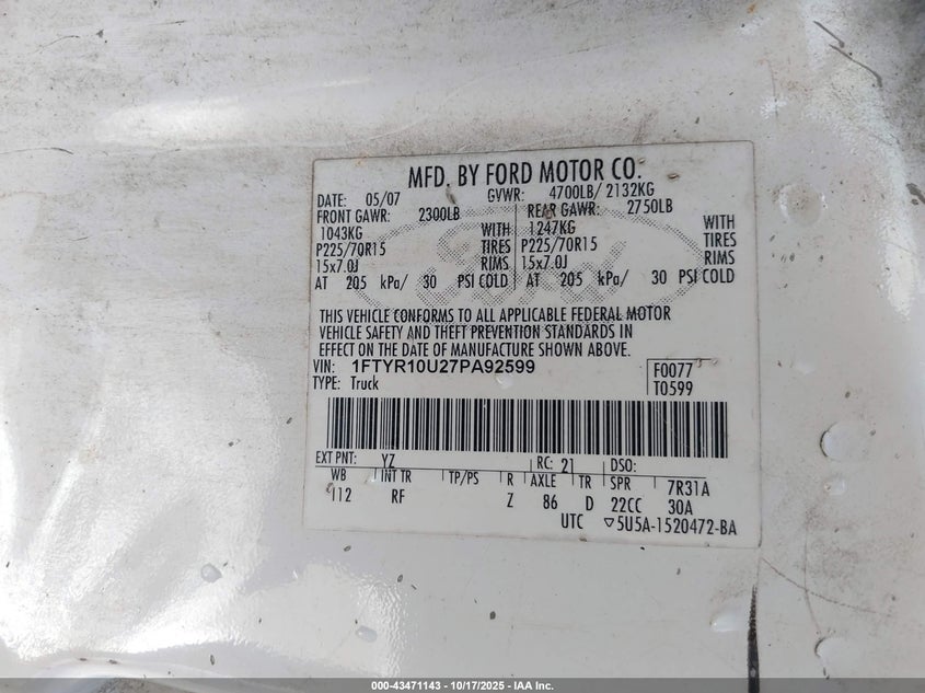 1FTYR10U27PA92599 2007 FORD RANGER photo no. 9