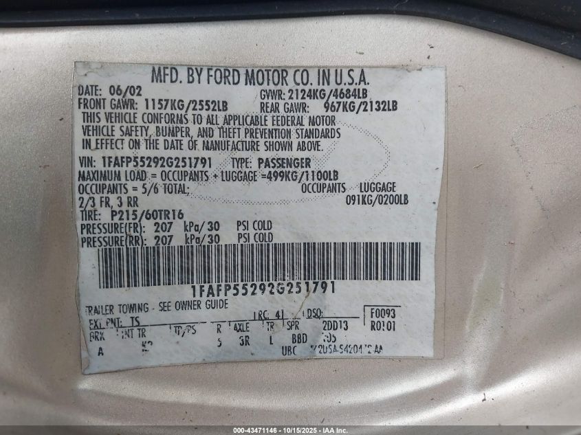 2000 Ford Taurus Se VIN: 1FAFP53U0YG280643 Lot: 43471146