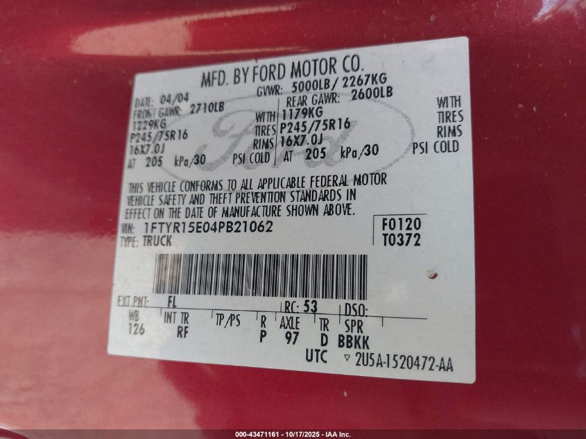 2004 Ford Ranger Xlt VIN: 1FTYR15E04PB21062 Lot: 43471161