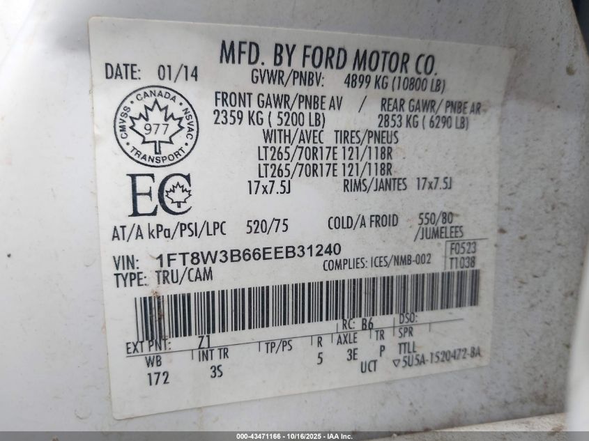 2014 Ford F-350 Xlt VIN: 1FT8W3B66EEB31240 Lot: 43471166