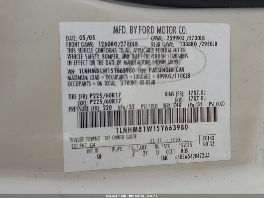 2005 Lincoln Town Car Signature VIN: 1LNHM81W15Y663980 Lot: 43471165