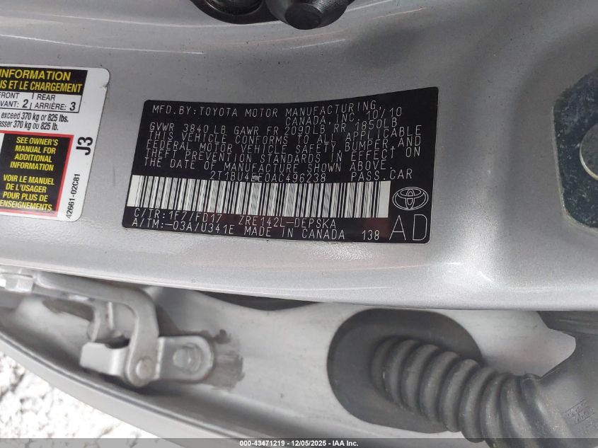 2010 Toyota Corolla S VIN: 2T1BU4EE0AC496238 Lot: 43471219