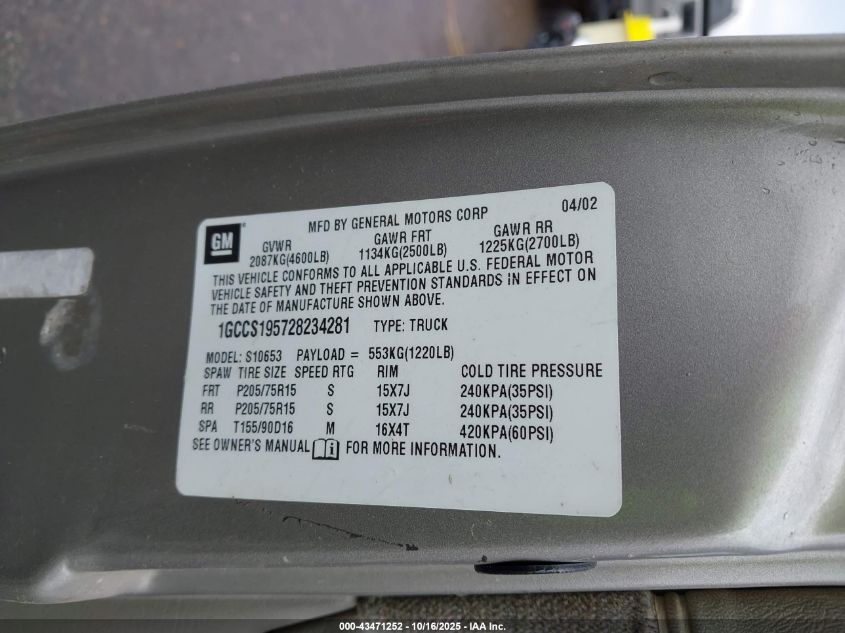 2002 Chevrolet S-10 Ls VIN: 1GCCS195728234281 Lot: 43471252