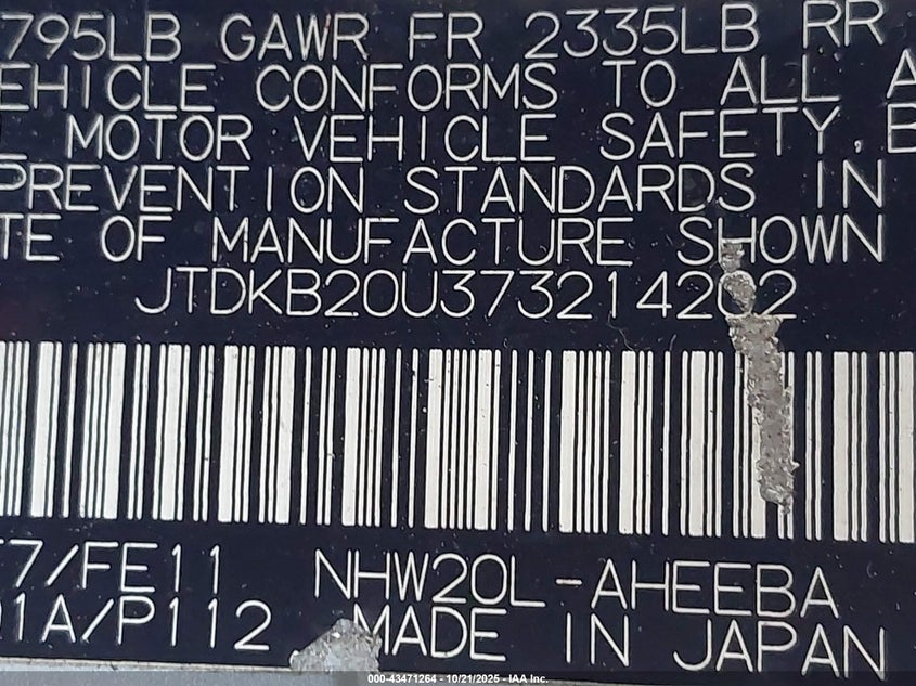 2007 Toyota Prius VIN: JTDKB20U373214202 Lot: 43471264