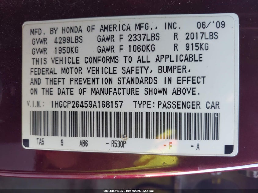 1HGCP26459A168157 2009 HONDA ACCORD photo no. 9