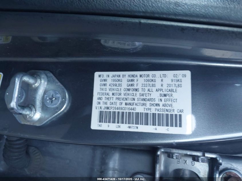 2009 Honda Accord 2.4 Lx-P VIN: JHMCP26469C016440 Lot: 43471428