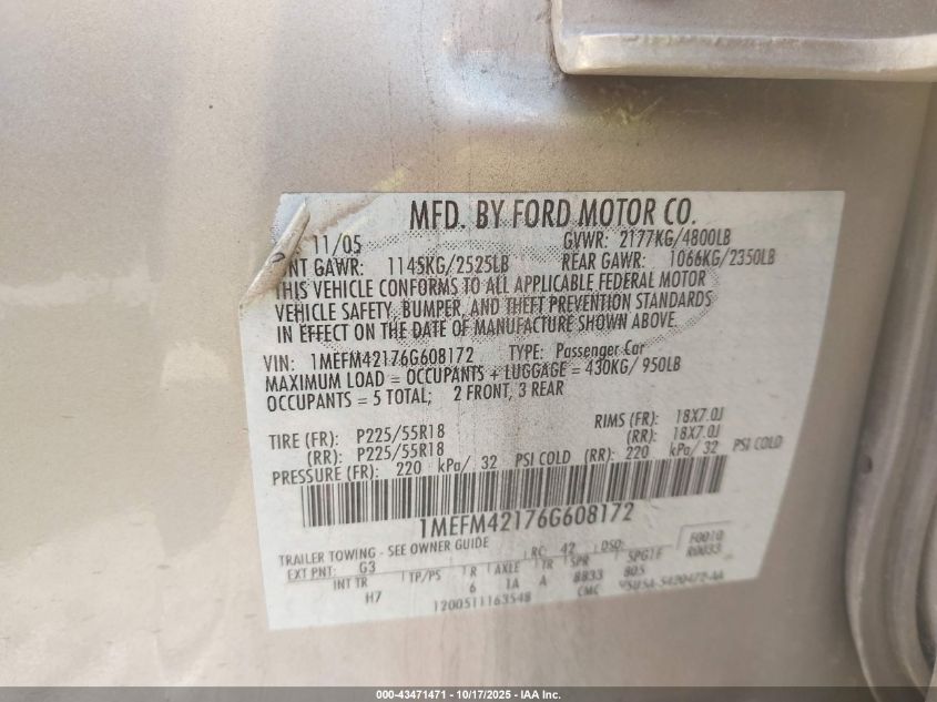 2006 Mercury Montego Premier VIN: 1MEFM42176G608172 Lot: 43471471