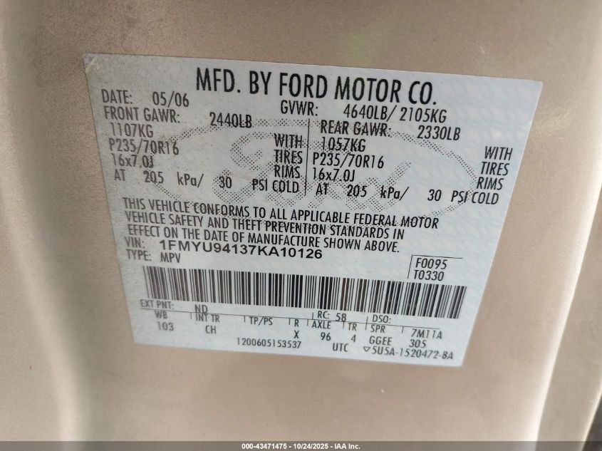 2007 Ford Escape Limited VIN: 1FMYU94137KA10126 Lot: 43471475