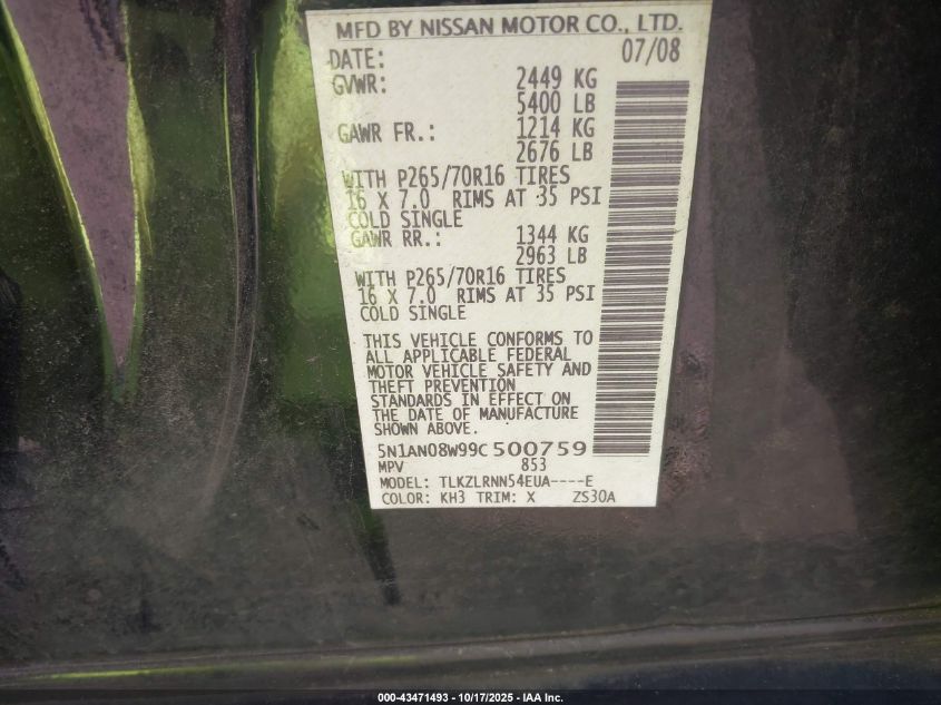 2009 Nissan Xterra S VIN: 5N1AN08W99C500759 Lot: 43471493