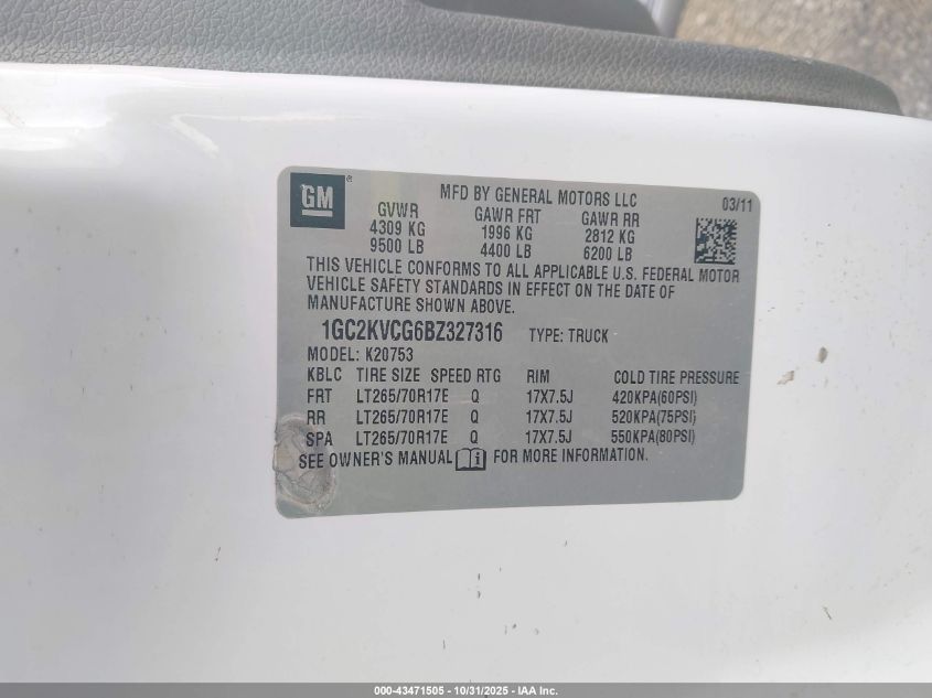 2011 Chevrolet Silverado 2500Hd Work Truck VIN: 1GC2KVCG6BZ327316 Lot: 43471505