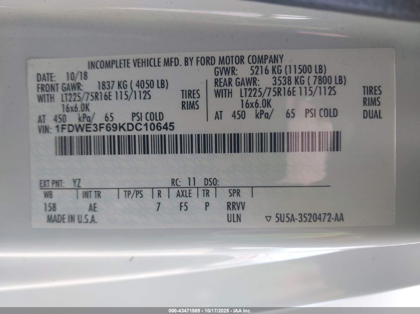 2019 Ford E-350 Cutaway VIN: 1FDWE3F69KDC10645 Lot: 43471589