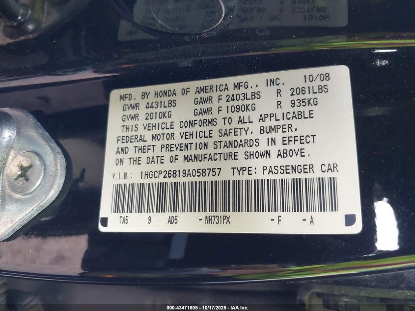1HGCP26819A058757 2009 HONDA ACCORD photo no. 9