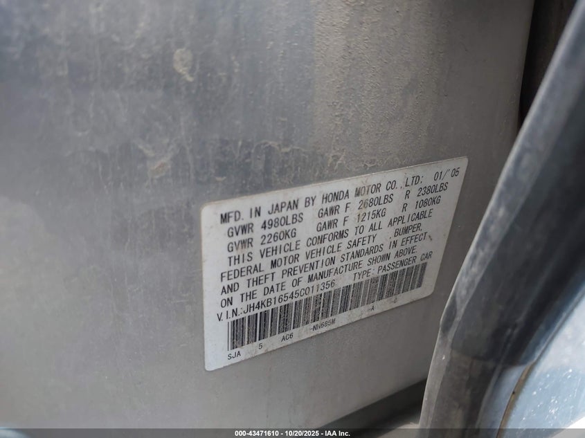 2005 Acura Rl 3.5 VIN: JH4KB16545C011356 Lot: 43471610