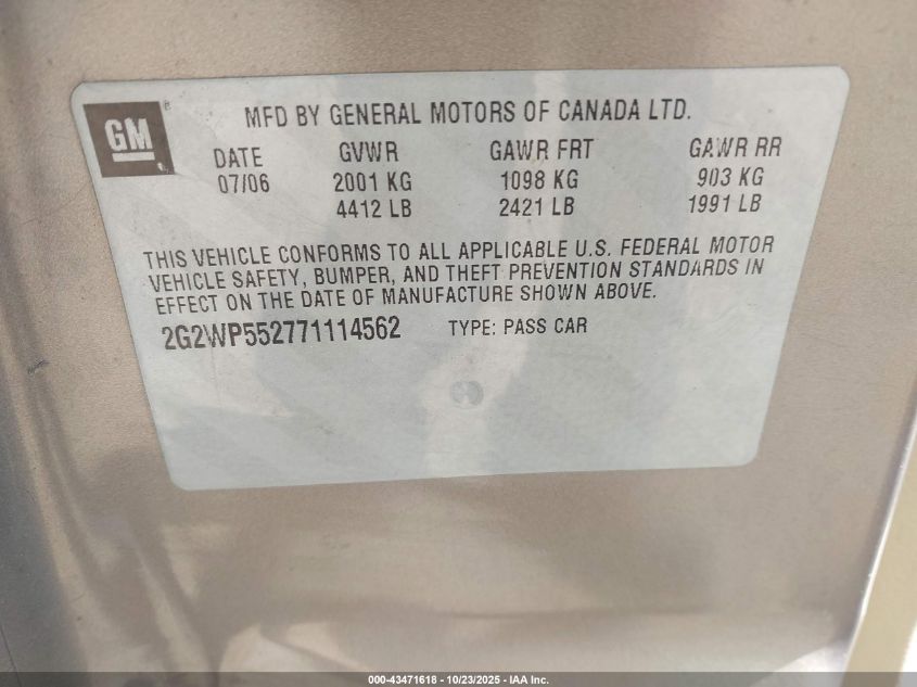 2007 Pontiac Grand Prix VIN: 2G2WP552771114562 Lot: 43471618