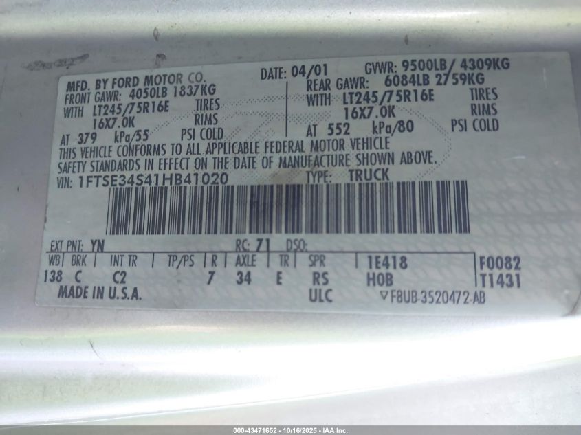 2001 Ford E-350 Super Duty Commercial/Recreational VIN: 1FTSE34S41HB41020 Lot: 43471652