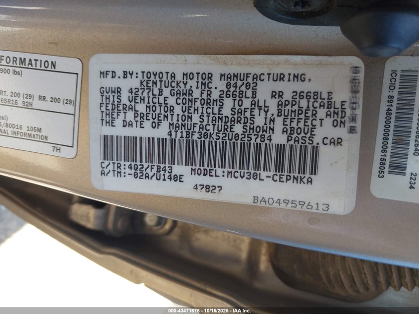 4T1BF30K52U025784 2002 TOYOTA CAMRY photo no. 9