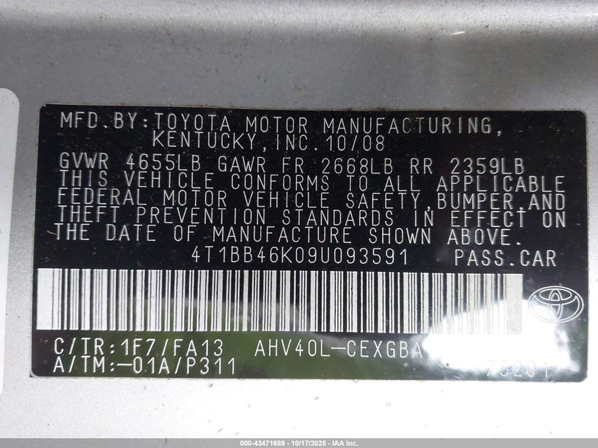 4T1BB46K09U093591 2009 TOYOTA CAMRY photo no. 9