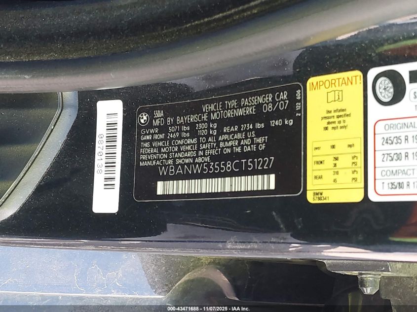 2008 BMW 550I VIN: WBANW53558CT51227 Lot: 43471688