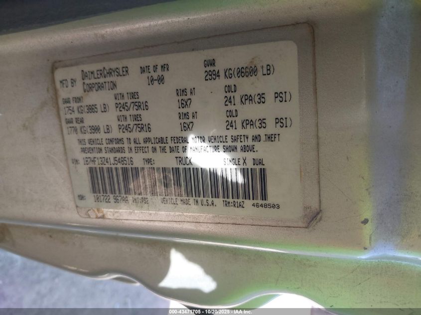 2001 Dodge Ram 1500 St VIN: 1B7HF13Z41J548516 Lot: 43471705