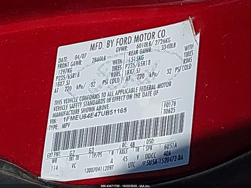 2007 Ford Explorer Eddie Bauer VIN: 1FMEU64E47UB51165 Lot: 43471750