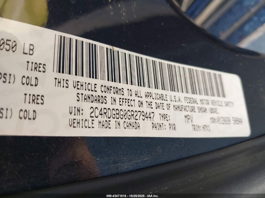 2016 Dodge Grand Caravan Se VIN: 2C4RDGBG0GR279447 Lot: 43471818