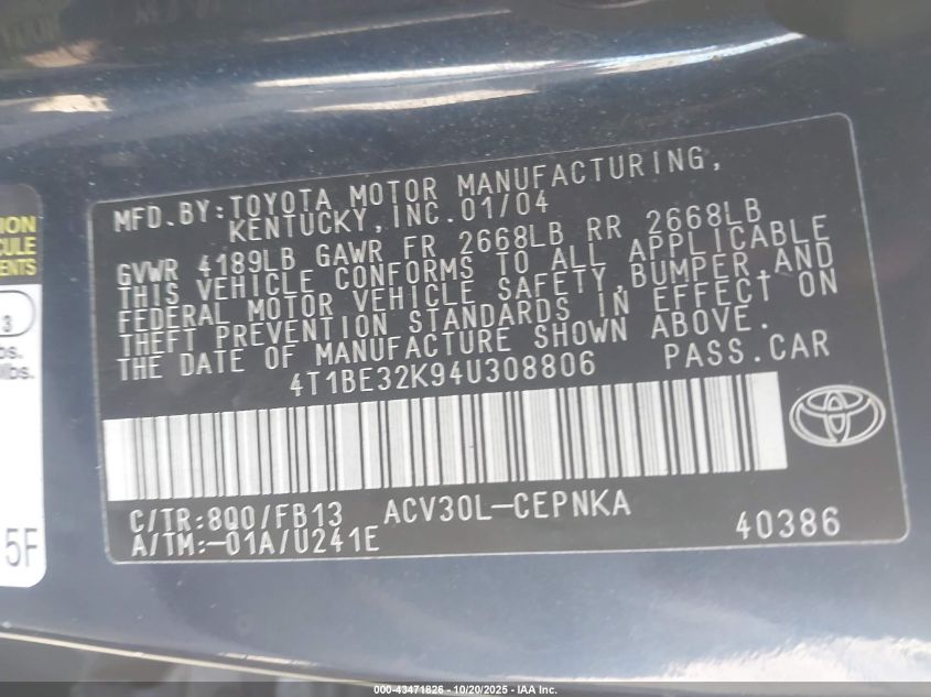 2004 Toyota Camry Le VIN: 4T1BE32K94U308806 Lot: 43471826