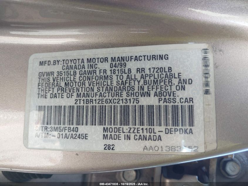 1999 Toyota Corolla Ce VIN: 2T1BR12E6XC213175 Lot: 43471835