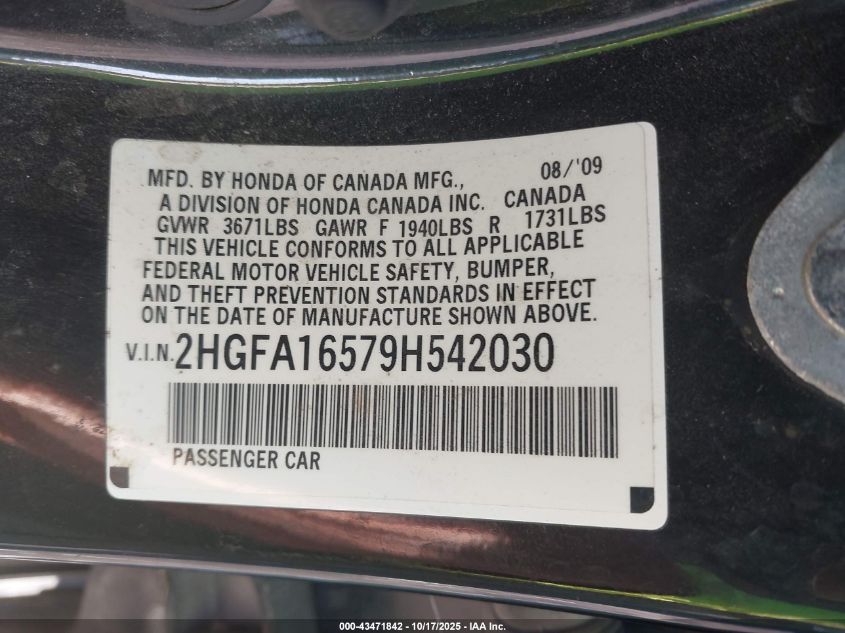 2009 Honda Civic Lx VIN: 2HGFA16579H542030 Lot: 43471842