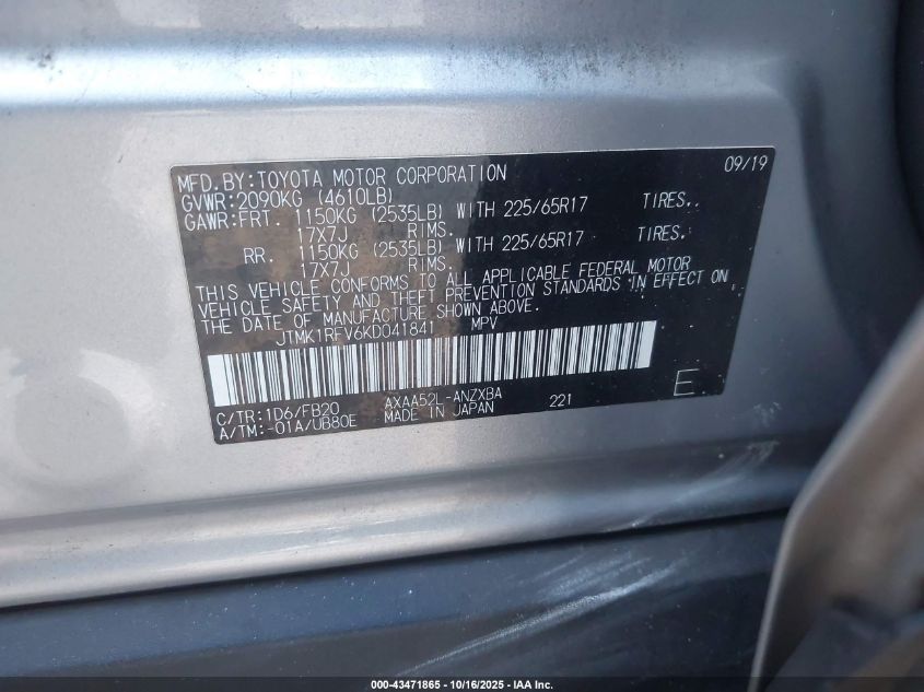 2019 Toyota Rav4 Le VIN: JTMK1RFV6KD041841 Lot: 43471865