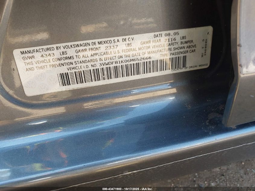 2006 Volkswagen Jetta 2.5 VIN: 3VWDF81K06M652666 Lot: 43471900