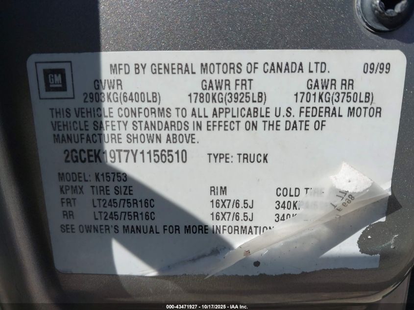 2000 Chevrolet Silverado K1500 VIN: 2GCEK19T7Y1156510 Lot: 43471927