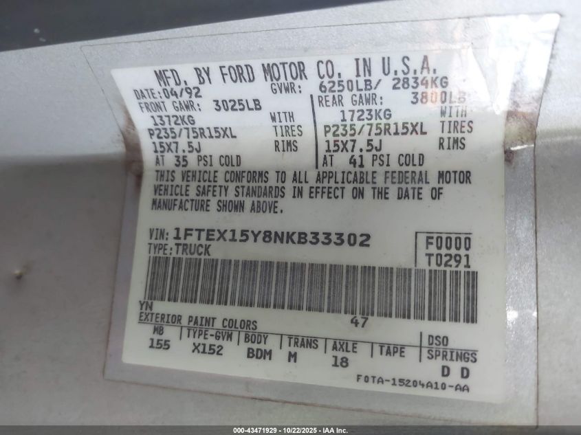 1992 Ford F150 VIN: 1FTEX15Y8NKB33302 Lot: 43471929