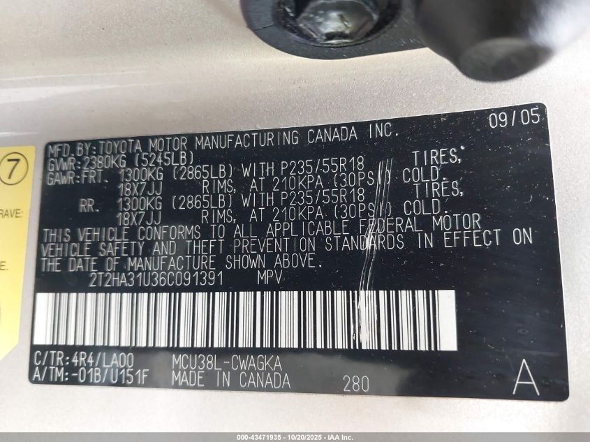 2006 Lexus Rx 330 VIN: 2T2HA31U36C091391 Lot: 43471935