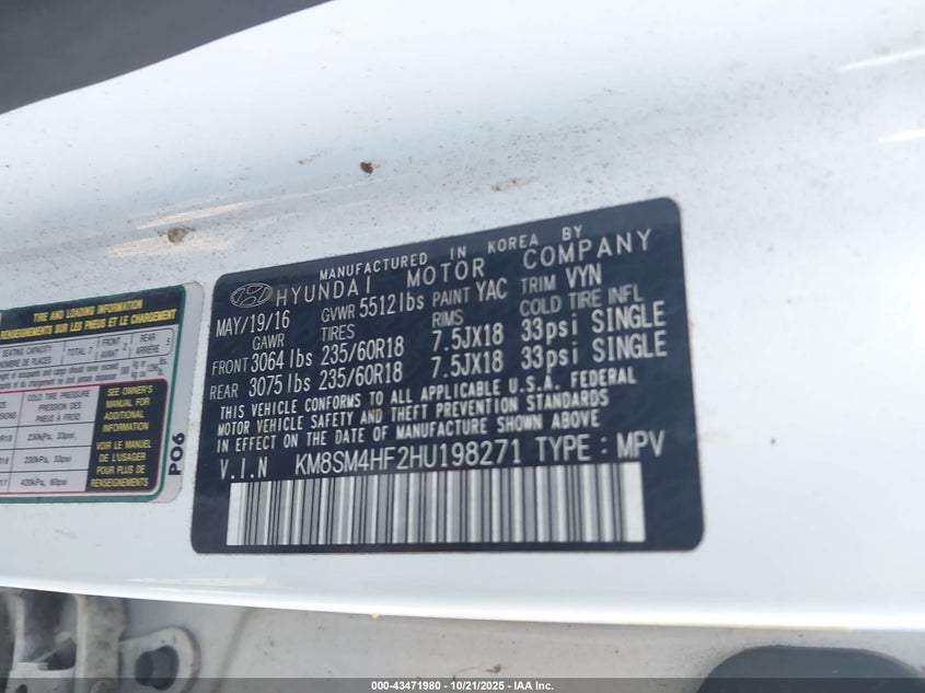 2017 HYUNDAI SANTA FE SE KM8SM4HF2HU198271