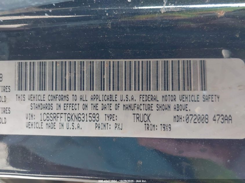 2019 Ram 1500 Big Horn/Lone Star 4X4 5'7 Box VIN: 1C6SRFFT6KN631593 Lot: 43471984