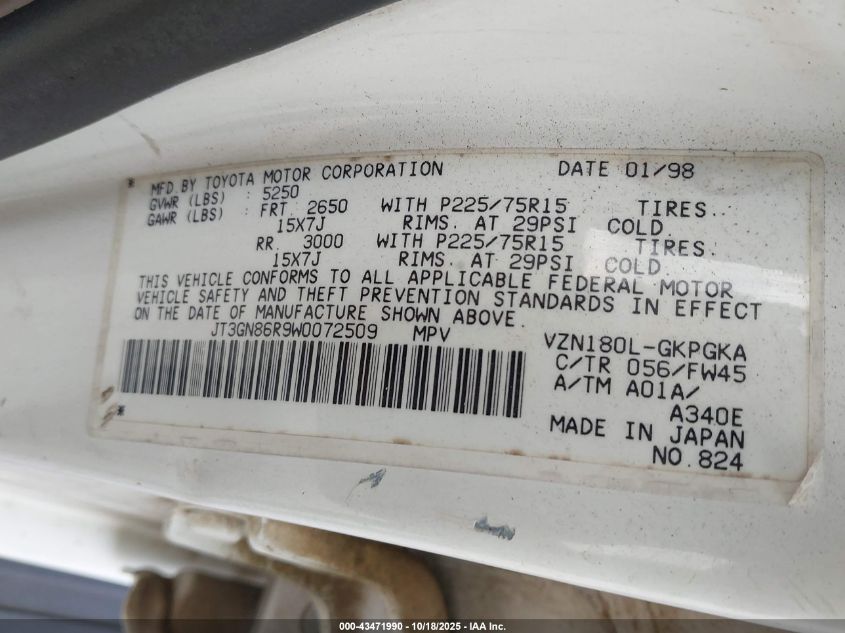 1998 Toyota 4Runner Sr5 V6 VIN: JT3GN86R9W0072509 Lot: 43471990