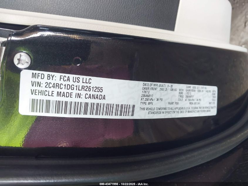 2020 Chrysler Voyager Lxi VIN: 2C4RC1DG1LR261255 Lot: 43471998