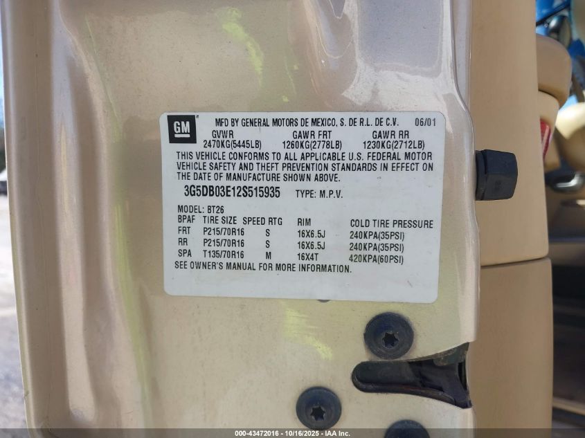 2002 Buick Rendezvous Cxl VIN: 3G5DB03E12S515935 Lot: 43472016